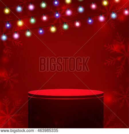 3d Podium Design On Red Background With Decorative Lights