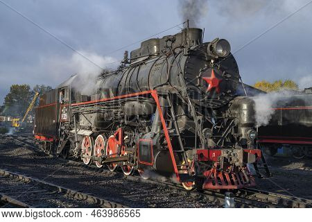 Sortavala, Russia - October 09, 2022: Soviet Freight Main Steam Locomotive Of The L Series (lebedyan