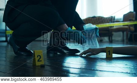 Detective Collecting Evidence In A Crime Scene. Forensic Specialists Making Expertise At Home Of A D