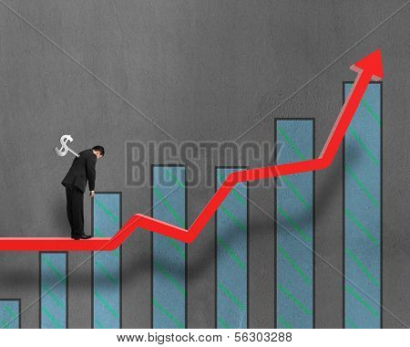 Winder On Businessman's Back With Growing Red Arrow And Chart