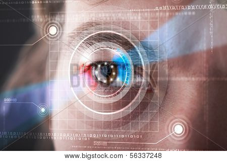 Modern cyber man with technolgy eye looking
