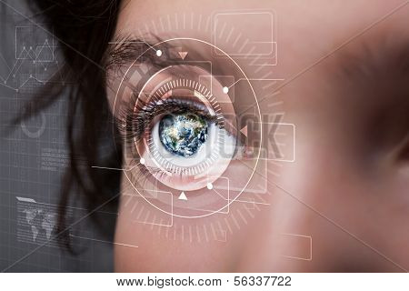 Modern cyber girl with technolgy eye looking