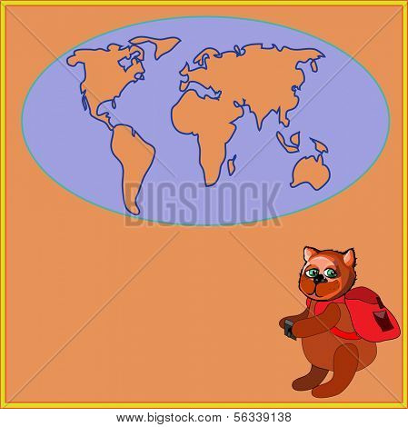 Cute bear with a backpack and photocamera in cartoon stile, vector illustration to the concept of tourism. Globe siluet in the background.