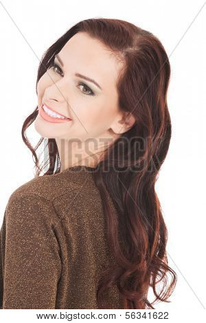 Portrait of beautiful sexy woman in browm bolero jacket. Isolated on white.
