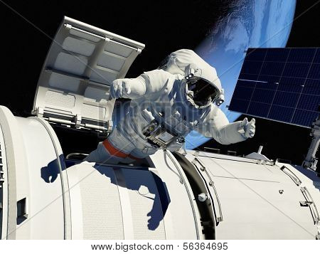 Astronaut goes through the hatch into space.