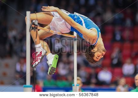 GOTHENBURG, SWEDEN - MARCH 2 Gianmarco Tamberi (Italy) places 5th in the men's high jump finals during the European Athletics Indoor Championship on March 2, 2013 in Gothenburg, Sweden.