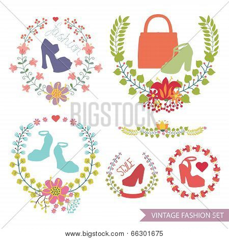 Vector  Floral Arrangement With Shoes.vintage Fashion Set