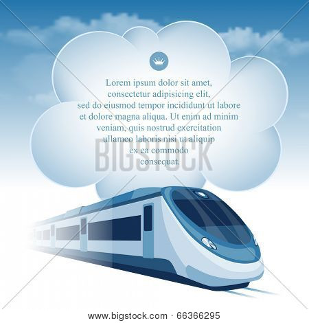 Passenger high speed train moving under the blue sky and white clouds. There is a place for your text.