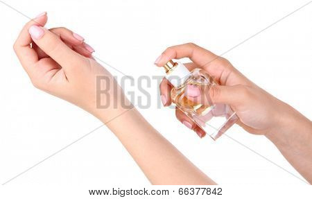 Bottle of perfume in hand isolated on white