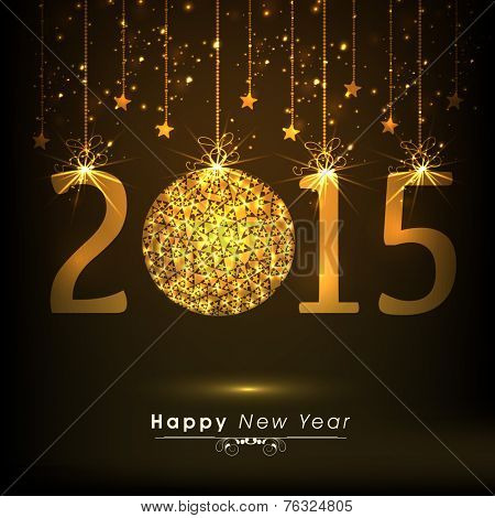 Stylish shiny text 2015 with beautiful X-mas ball and stars decorated brown background for Happy New Year celebrations.