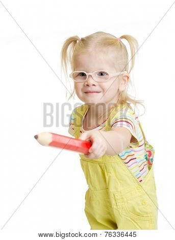 Funny kid in eyeglasses with red pencil isolated on white