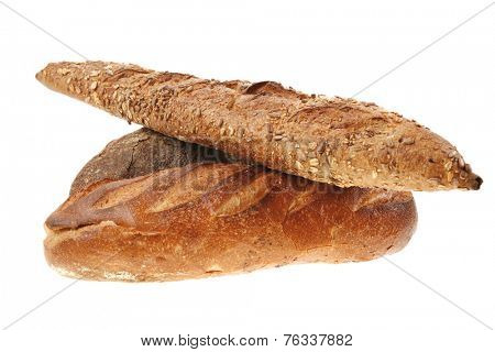 different rye and white flour bread loaf with french baguette isolated on white background