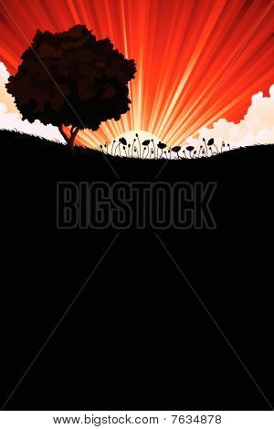 Natuur zonsopkomst landschap met boom en bloemen