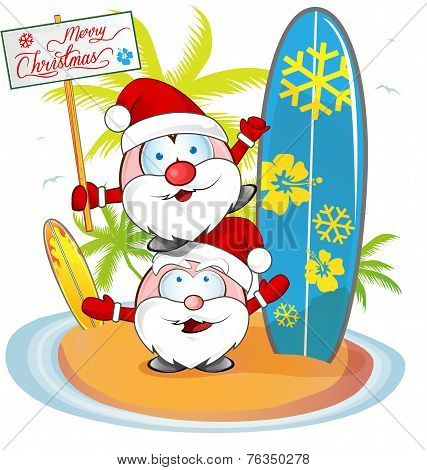 Santa Claus Cartoon On Island Beach Background