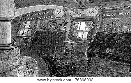 Life On Board. The Living Room Of The Captain, Vintage Engraving.