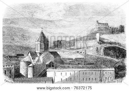 Mtskete Church, Near Tiflis, Vintage Engraving.