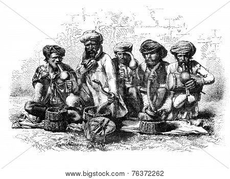 Snake Charmers Of India. - Drawing Sellier, Vintage Engraving.