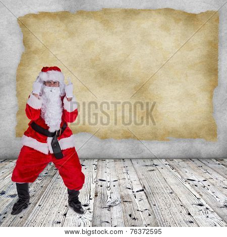 Santa Claus with upraise middlefingers, concept of Christmas hatred.