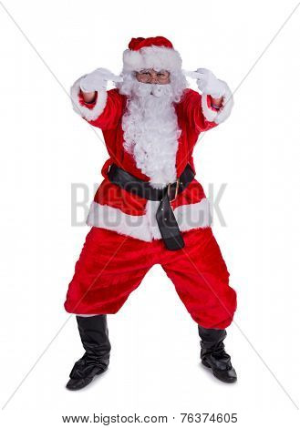 Santa Claus with upraise middlefingers, concept of Christmas hatred.