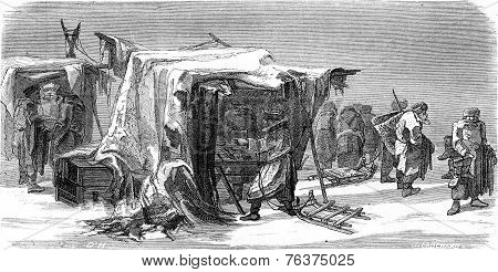A Market In Livonia, Vintage Engraving.