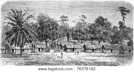 Village Of Skirmishers In Gabon, Vintage Engraving.