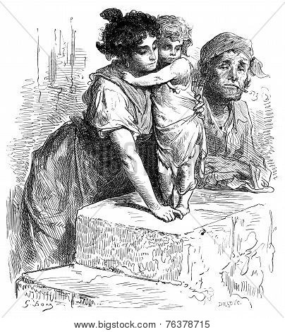 Residents Of The Suburb Of La Macarena In Seville, Vintage Engraving.