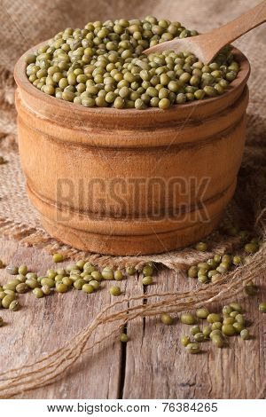 Green Mung Bean In Wooden Bowl Closeup. Vertical