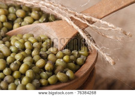Green Mung Bean In A Wooden Bowl Macro. Horizontal