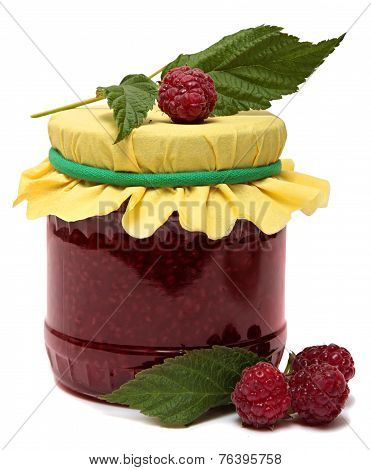 Glass jar with raspberry jam and fresh berries isolated  white background