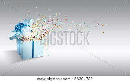Open gift with fireworks from confetti.