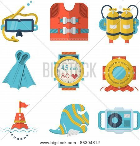 Flat color style diving vector icons