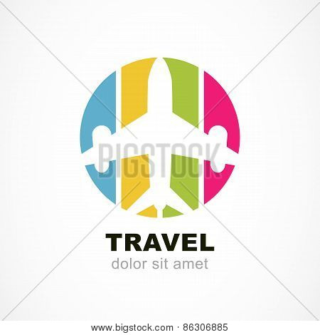 Flight Airplane Silhouette And Colorful Stripe Background. Travel Around The World Concept. Abstract