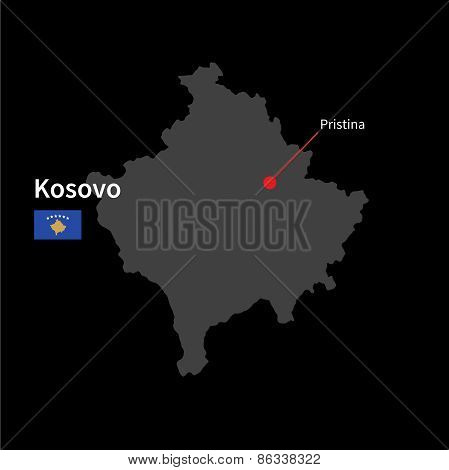Detailed map of Kosovo and capital city Pristina with flag on black background