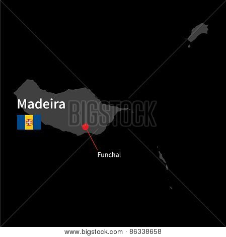 Detailed map of Madeira and capital city Funchal with flag on black background