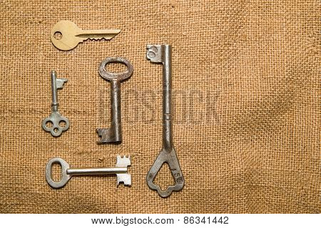 Five Old Keys To The Safe On A Very Old Cloth
