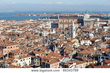 Venice, Italy, Venetian Rooftops And The Church