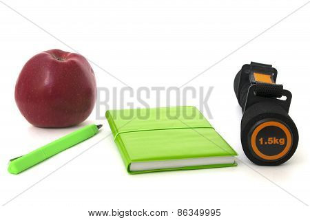 Barbell Apple And Notebook Isolated Over White