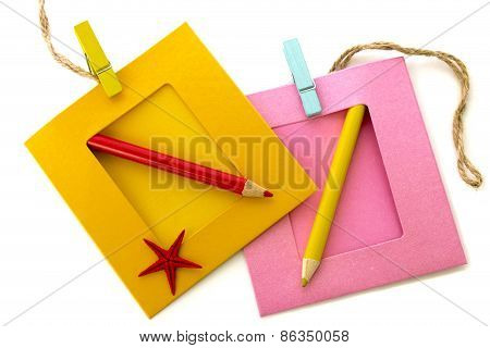 Photo Frame With Pencil And Sea Star Isolated Over White