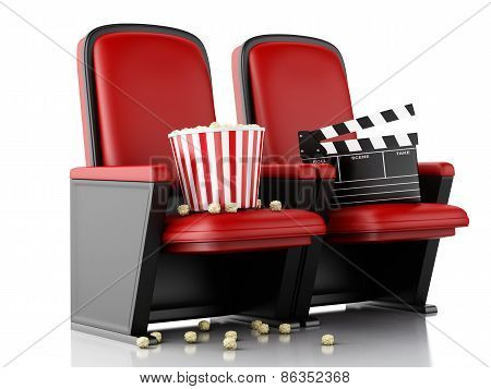 3d Cinema clapper board and popcorn on theater seat.