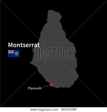 Detailed map of Montserrat and capital city Plymouth with flag on black background