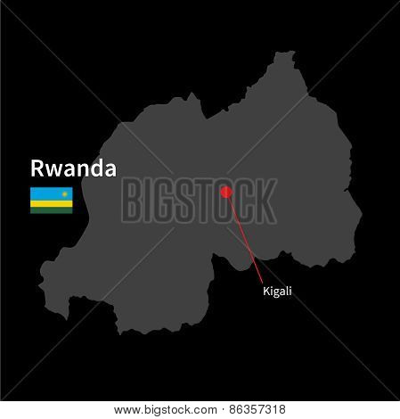 Detailed map of Rwanda and capital city Kigali with flag on black background