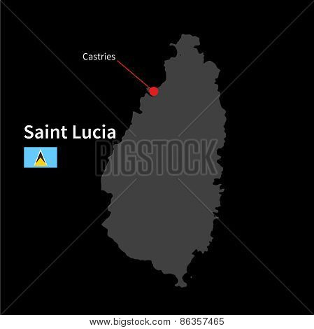 Detailed map of Saint Lucia and capital city Castries with flag on black background