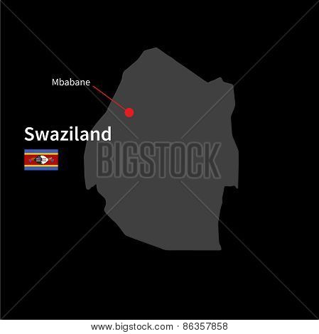 Detailed map of Swaziland and capital city Mbabane with flag on black background