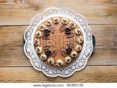 Chocolate Cream Pie On Rustic Wood Cake Top
