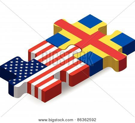 Usa And Aaland Islands Flags In Puzzle