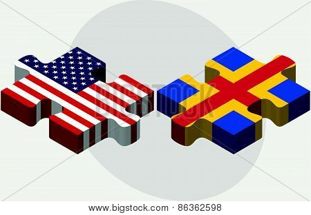 Usa And Aaland Islands Flags In Puzzle