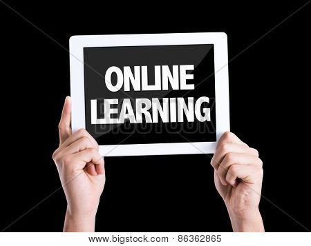 Tablet pc with text Online Learning isolated on black background