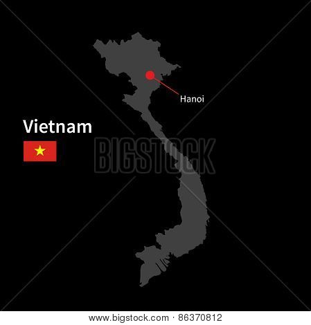 Detailed map of Vietnam and capital city Hanoi with flag on black background