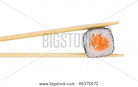 Sushi Roll With Chopsticks Isolated On White