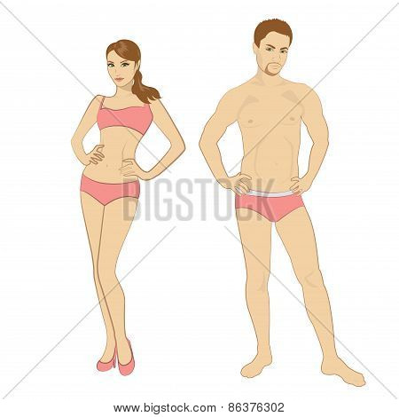 Beautiful young man and woman in lingerie on the white backgroun
